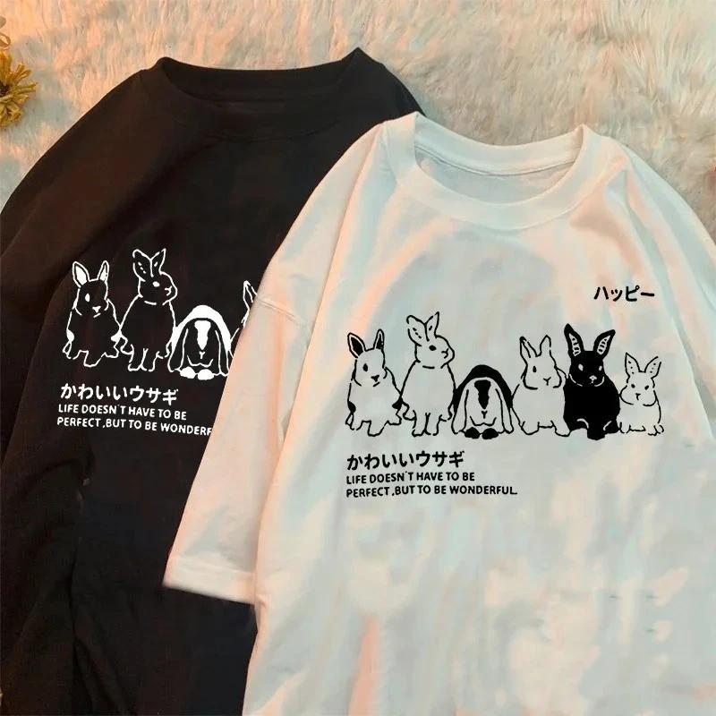 Japanese Cute Rabbit Pattern Women Summer Short Sleeve Shirt Summer CasualStreetwear Lady Clothes Tee Printing Top