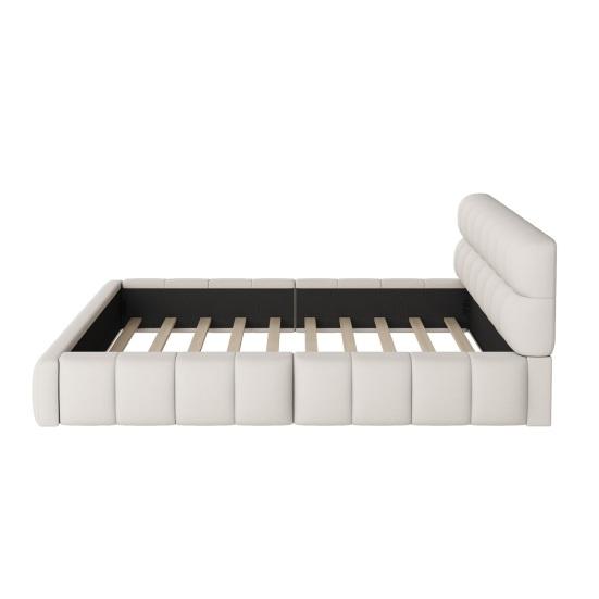 Upholstered Bed 140 x 200cm, Youth Bed, Double Bed with Soft Backrest, Flat Bed with Upholstered Frame, Slatted Frame Linen Beige (Mattress Not