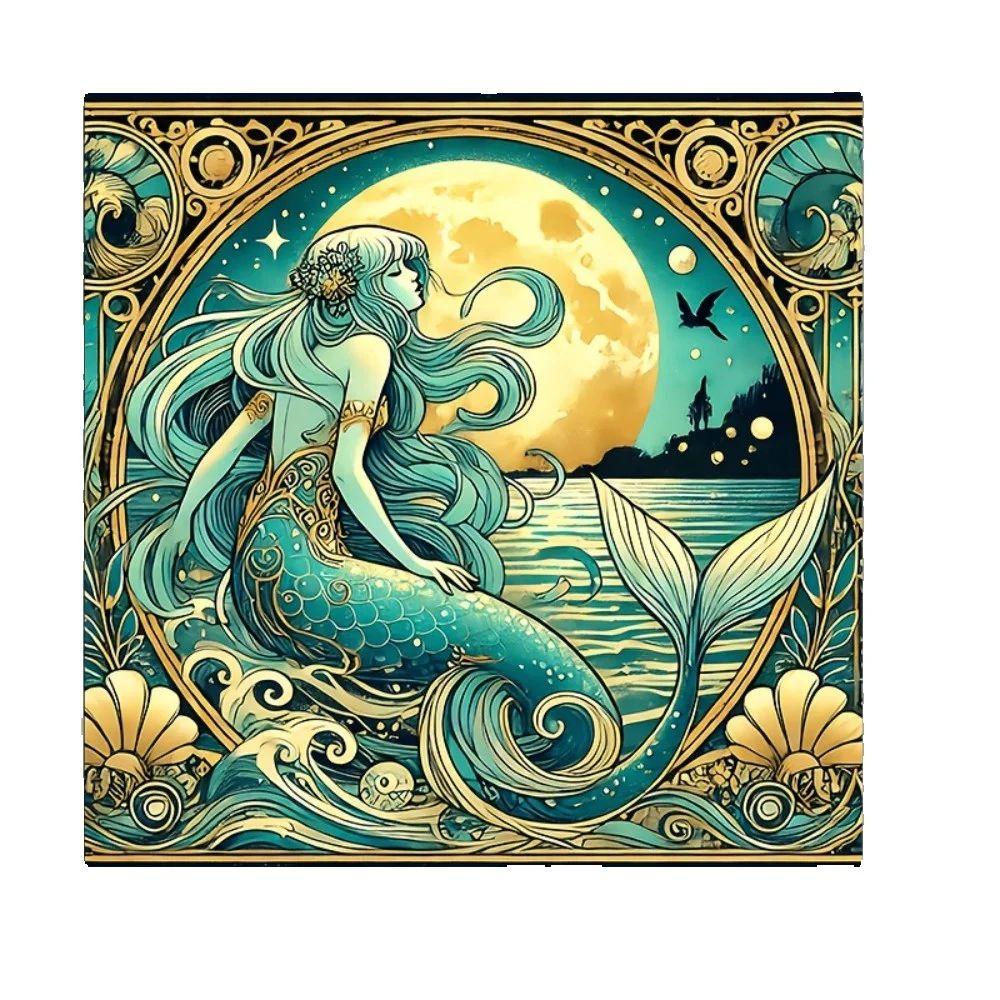 

Art Nouveau Mermaid Moon Gold Tapestry Tablecloth Multiple Sizes HD Sublimation Print Sea Witch 100 Polyester Washable Tarot 50X50cm