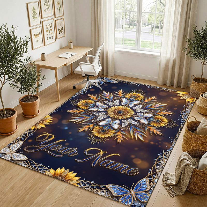 Floral Garden Theme Crystal Velvet Rug Personalized Custom Name Text Soft Floor Mat Home Decor