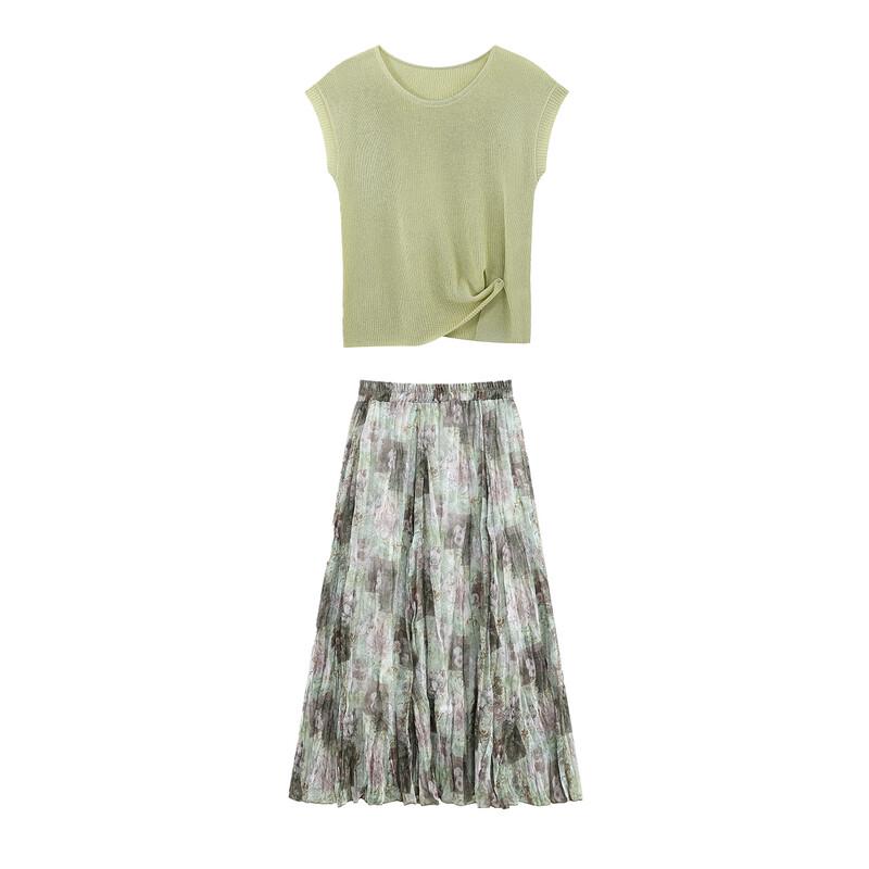 Xinfayu Elegant Slim-Fit Linen Knit Top & Flowy Skirt Set