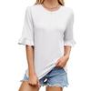 Spring Summer New Solid Color Pinstripe Crew Neck Puff Sleeve Elbow-Length T-shirt Top for Leisure Europe USA Leisure Foreign Trade