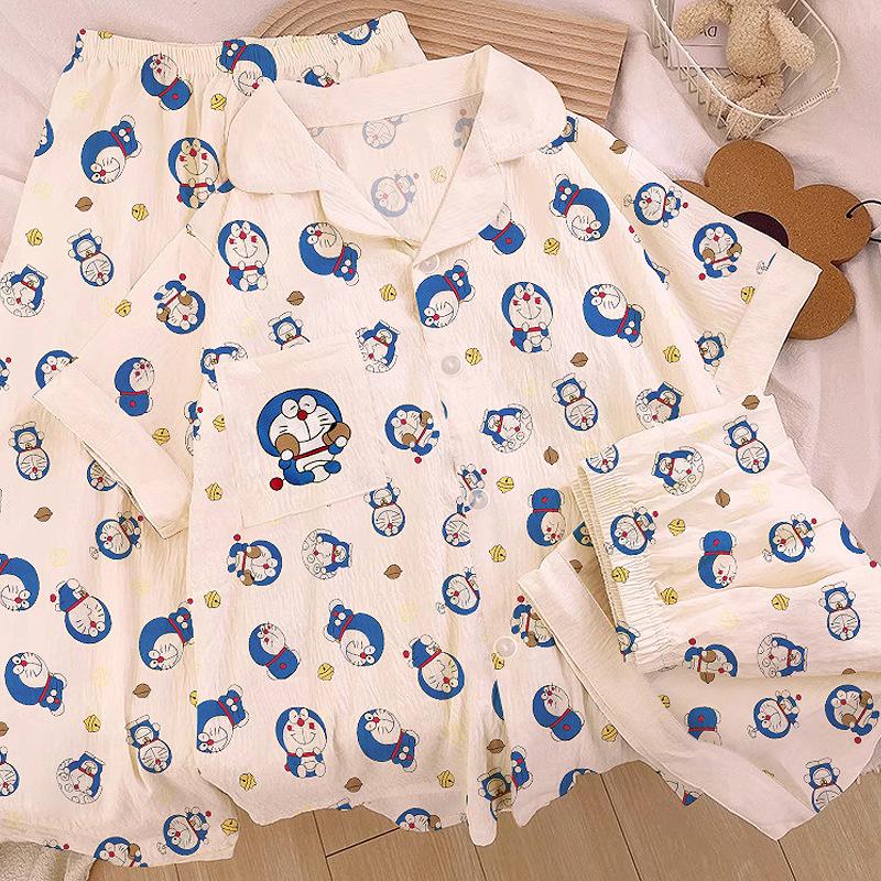Cartoon Doraemon Children'S Fun Cloud Cotton Pajamas Women'S Summer Short Sleeve Casual Homewear Three-Piece Set