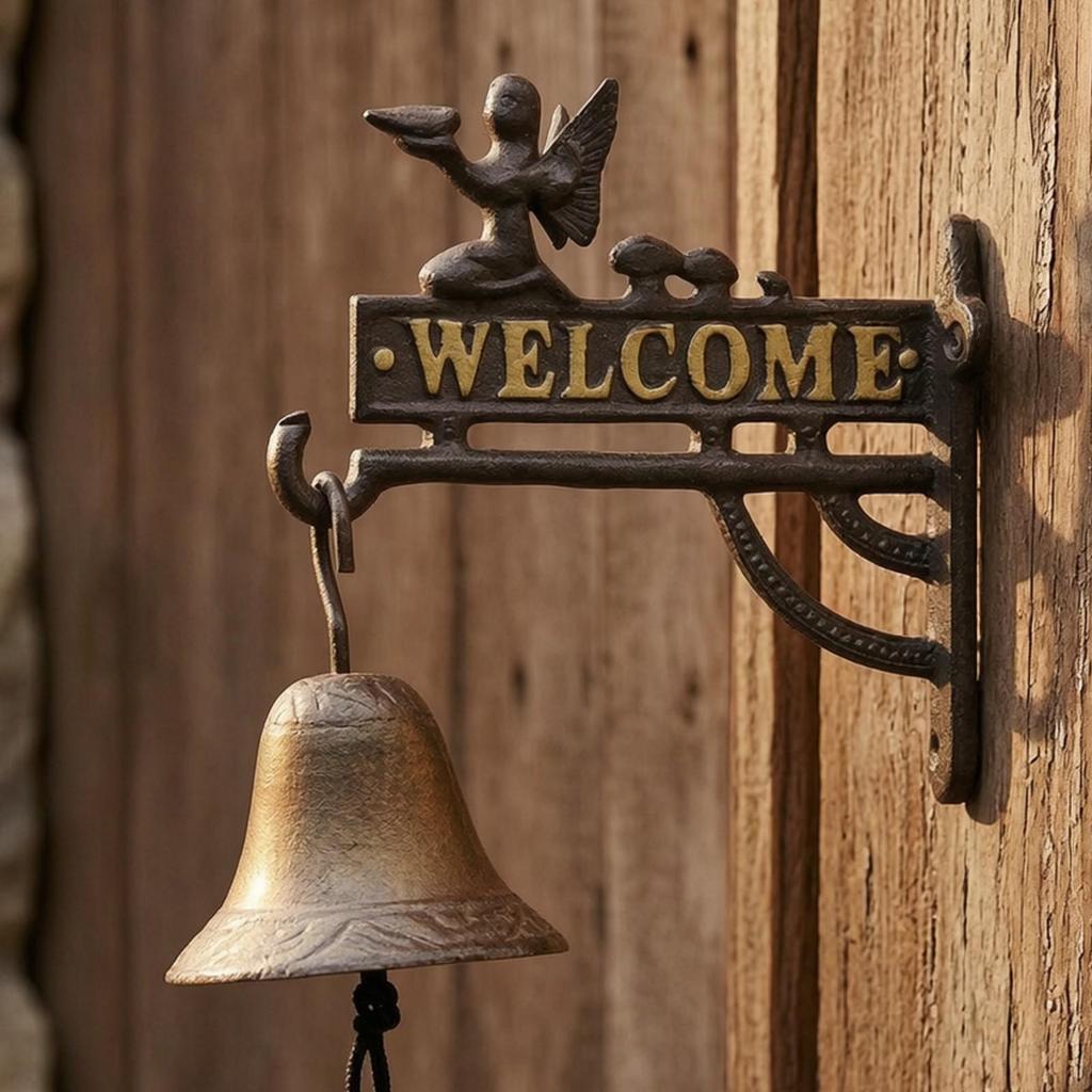 Wandmontierte Gusseisen-Glocke mit Willkommensschild für den Außenbereich, für Garten, Bar