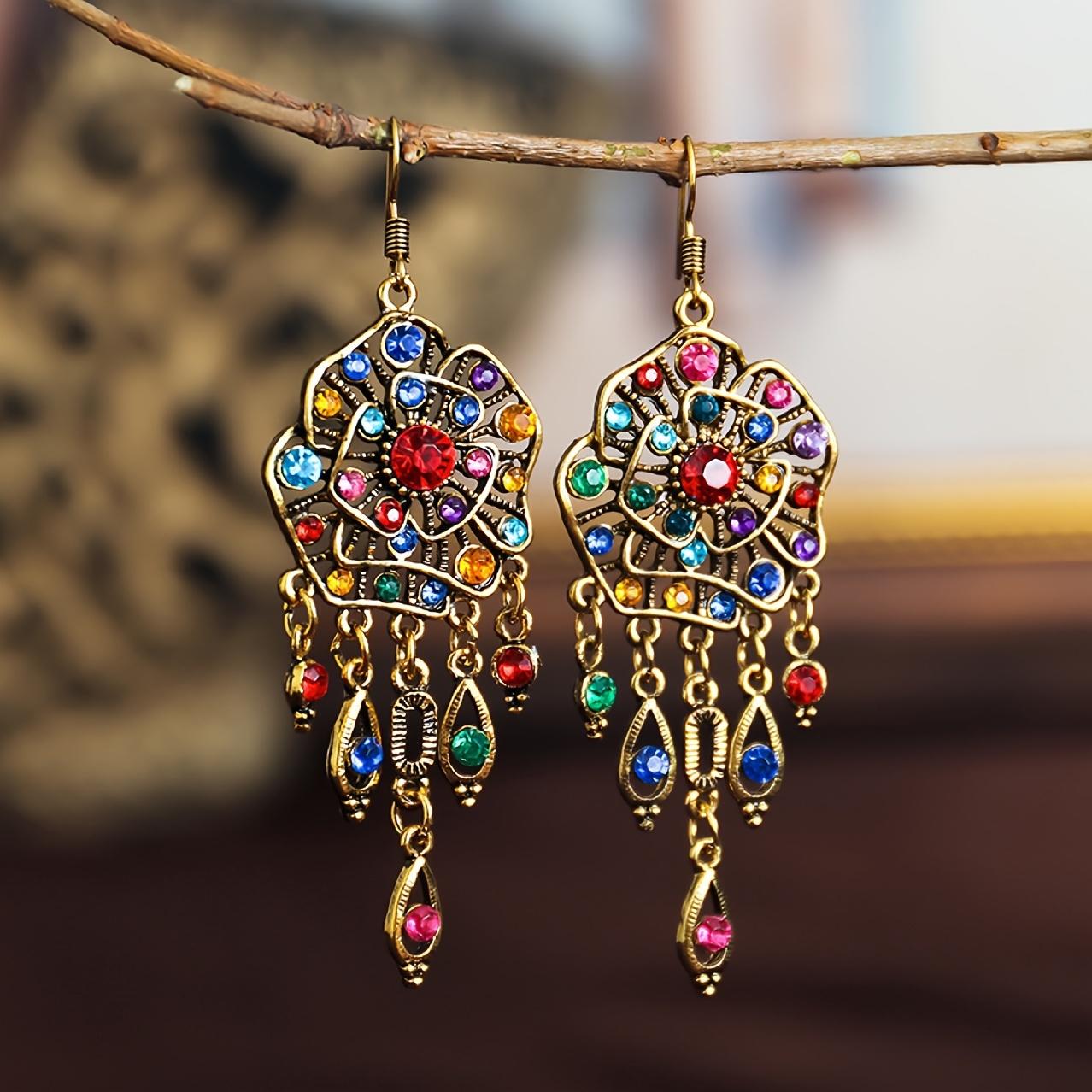 Floral rhinestone earrings, tassel earrings, high-end vintage ethnic style earrings 2