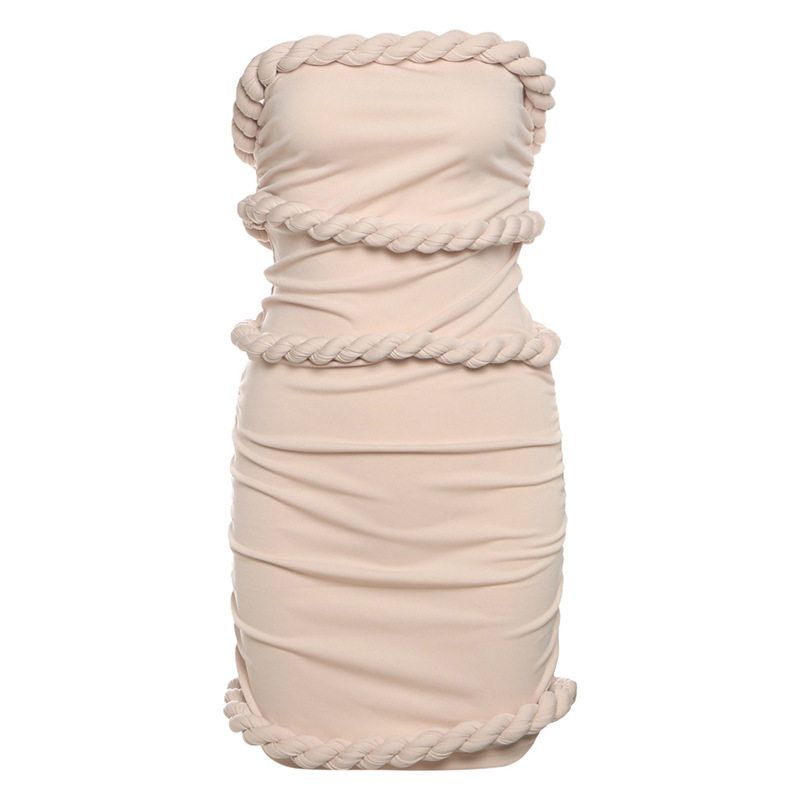 

Cross-Border European and American Style 2025 Summer New Women s Fashion Pleated Knot Strapless Slim-Fit Short Dress Pink S