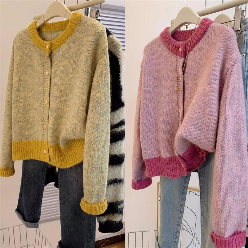 Autumn and winter new soft waxy retro crew neck sweater jacket women's loose lazy contrasting colors gentle wind knitted cardigan