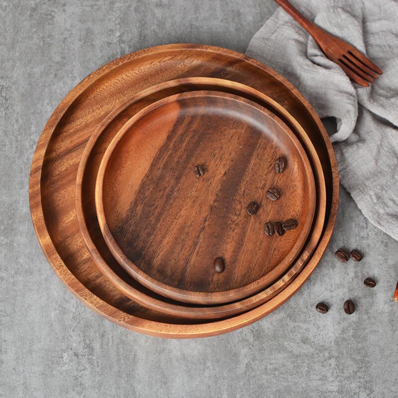 Japanese Style Walnut Wood Round Serving Plate Set