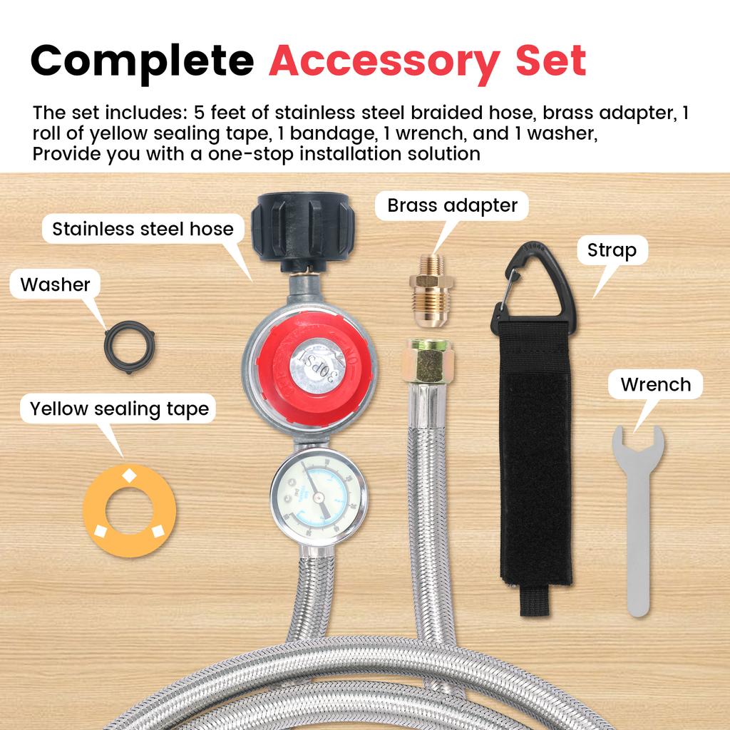 Propane Regulator Stainless Steel Brass Propane Regulator Adjustable Heat Resistant Gas Grill Regulator Hose for Camping Stove