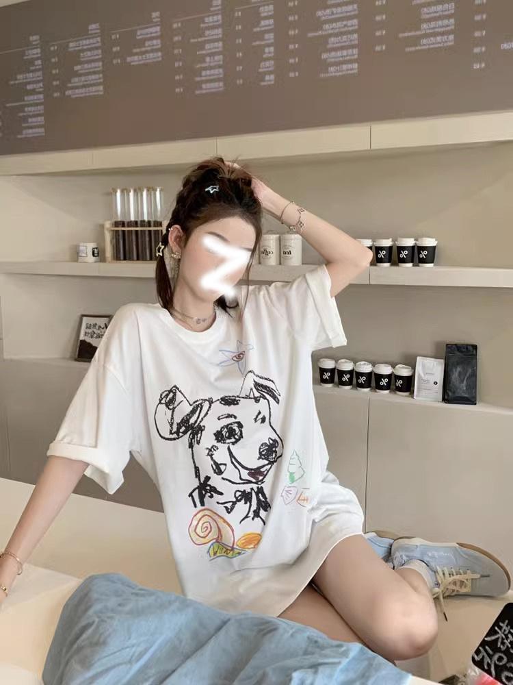 

Домашняя забавная мультяшная собака граффити хлопковая футболка с коротким рукавом женская 2025 лето новая свободная трендовая ns S белый
