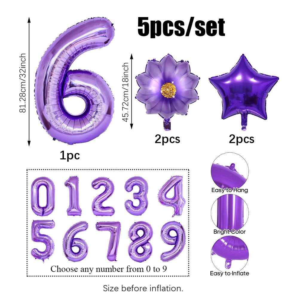 5pcs Purple Number Foil Balloon Set for Birthday Parties, Anniversaries, Holiday Celebrations, Party Decorations,
