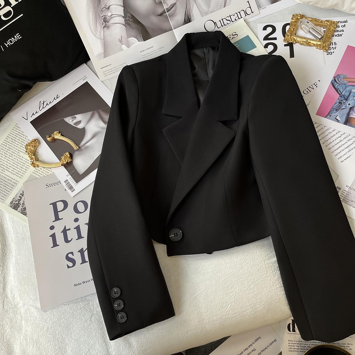 

Черные укороченные пиджаки, женские трендовые универсальные укороченные куртки с зубчатым воротником, женские шикарные корейские костюмы на одной пуговице, пальто XS