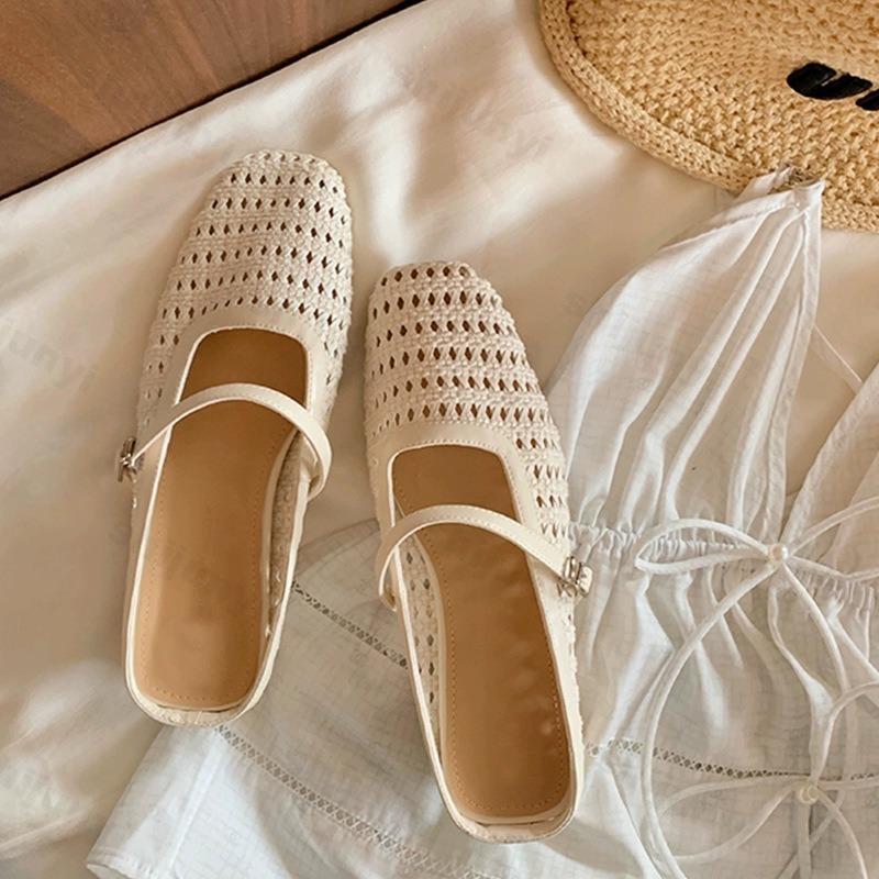 Fashion Women Slippers 2025 Summer Square Toe Retro Comfortable Breathable Half-slippers Flat Ballet Shoes Mary Jane Femme Zapatillas