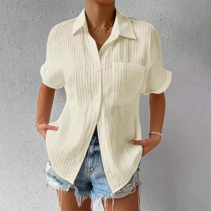 Summer Casual Solid Color Shirts Women Fashion Turn-down Collar Short Sleeves Pockets Buttons Cardigans Commute Slimming Blouses