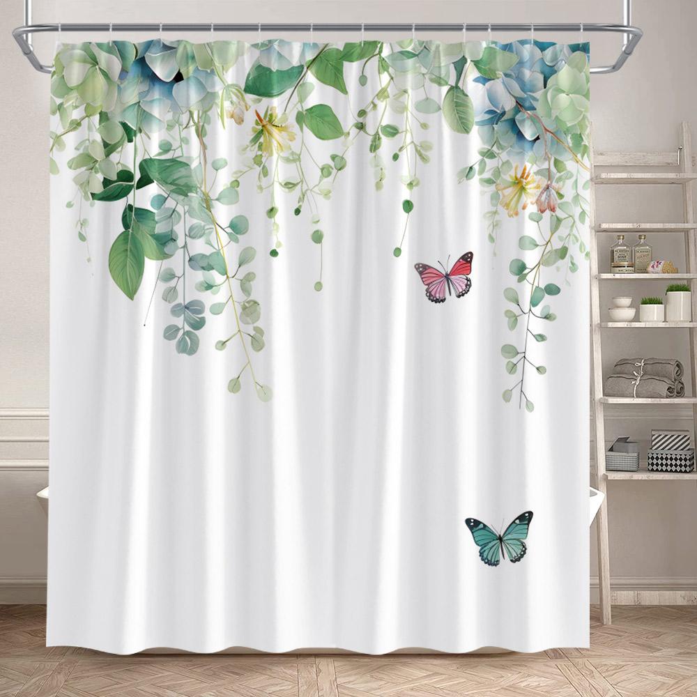 Floral Shower Curtain Watercolour Purple Lavender Flowers Butterfly Plants Leaves Bathroom Curtains Fabric Home Decor With Hooks