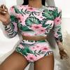 Women's Split Body With Bra Pads No Steel Bra Printed Zipper Swimsuit Long Sleeve Swimsuit
