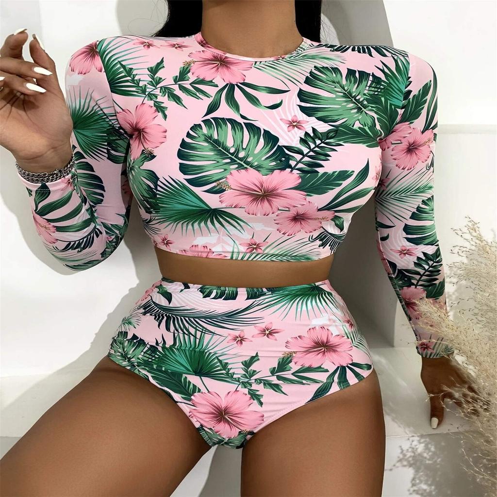 Women's Split Body With Bra Pads No Steel Bra Printed Zipper Swimsuit Long Sleeve Swimsuit