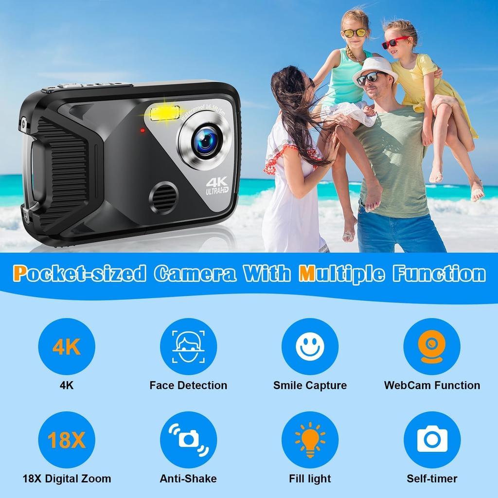 Underwater Camera, UHD 4K 48MP Waterproof Camera with 18X Zoom Selfie Screens,16FT Compact Waterproof Digital Camera with 32GB Card,Fill Light