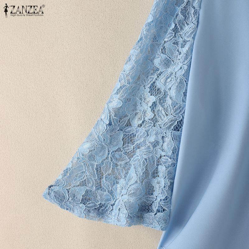 ZANZEA Women Casual Round Neck Loose Lace Splice 3/4 Sleeve Blouse