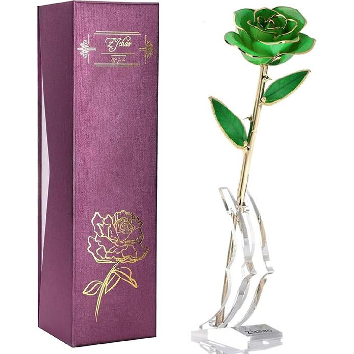 24K Green Rose for Her, Eternal Love Real Gold Plated Rose Flower, Best Present for Wife/Mom/Girlfriend Anniversary, Wedding, Birthday, Graduation