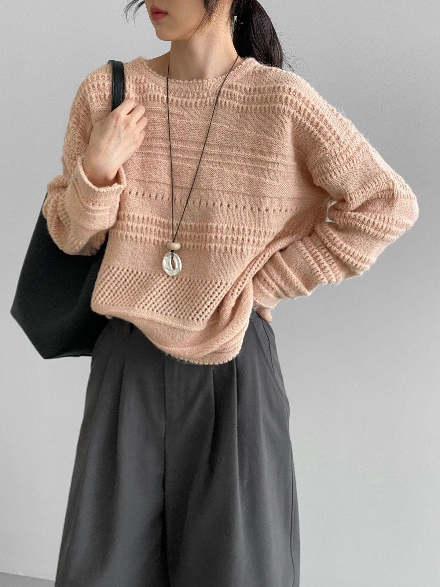 

Синий свитер с круглым вырезом и ажурной вязкой в корейском стиле - Женский свободный, универсальный трикотаж Y1293 для яркого и непринужденного образа One Size розовый