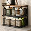 Dust Proof Storage Drawer Coffee Station Organizer with Drawer, Tiered Bar Organizer, Wooden Top Shelf, Accessories Wire Mesh Drawers for Tea