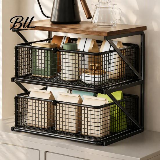 Dust Proof Storage Drawer Coffee Station Organizer with Drawer, Tiered Bar Organizer, Wooden Top Shelf, Accessories Wire Mesh Drawers for Tea