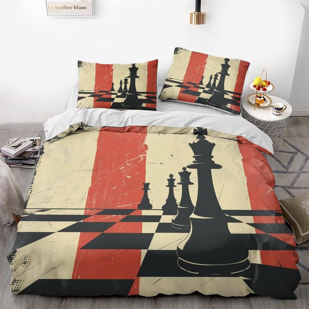 International Chess Duvet Cover for Teens Adults Queen Size Lightweight Down Room Decor 2 Pillowcases 1 Comforter Cover No Quilt