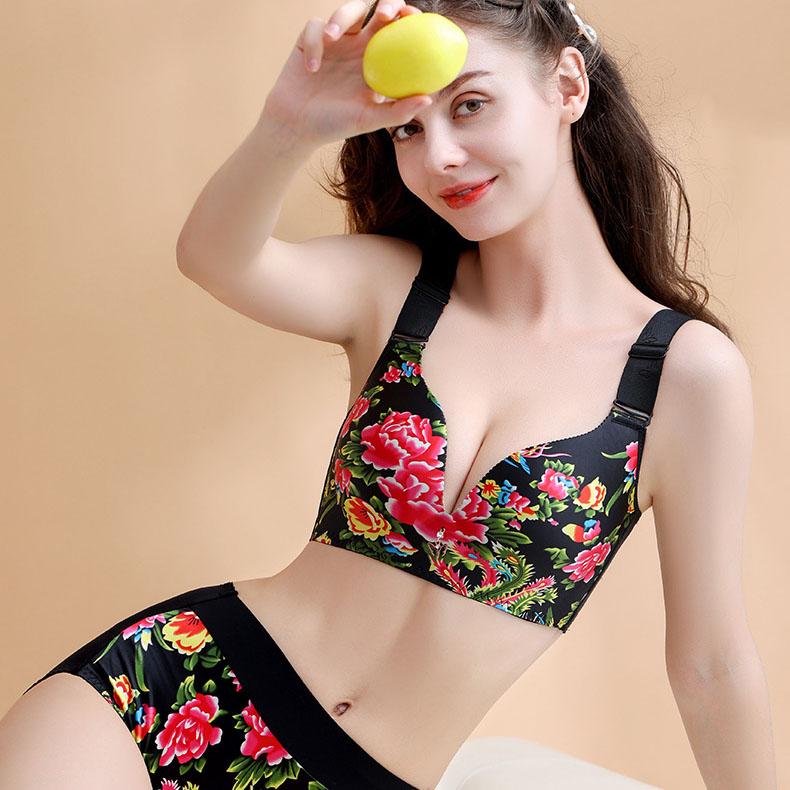 E-Cup Plus-Size-BH, dünn, sexy Blumenmuster, kein Stahlring, rot, gerafftes Bralette, unsichtbarer Push-Up-BH, ausgefallene Unterwäsche, sinnliche Dessous