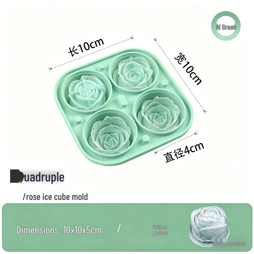 Large Four-Grid Rose Ice Ball Mold - Silicone Ice Tray for Whiskey and Home Ice Making