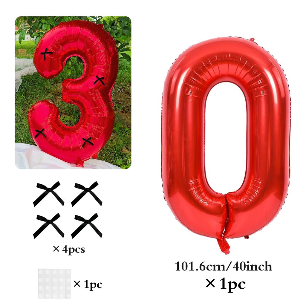 40 Inch Black Bow Decorated Red Digital Balloons 0-9 Numbers DIY Bow for Birthdays, Anniversaries, and New Year Decorations
