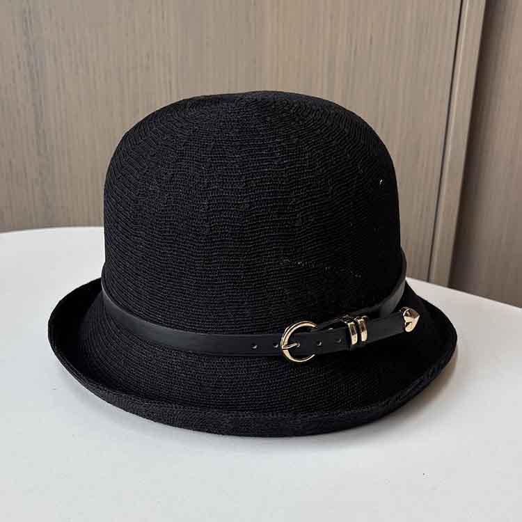 Spring and summer knitted thin belt buckle top hat British retro travel sunscreen sun hat fashion versatile basin hat