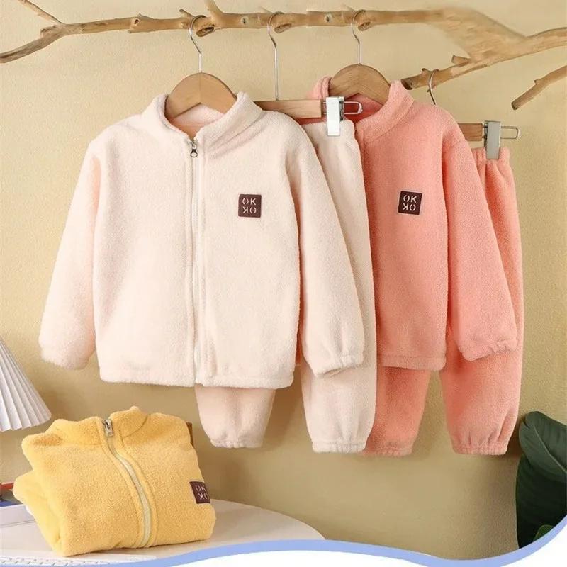 2pcs Kids Clothes Warm Fleece Thick Baby Clothes Girl Boy Loungewear Hooded Sweatshirt+Pants School Uniform Outfit