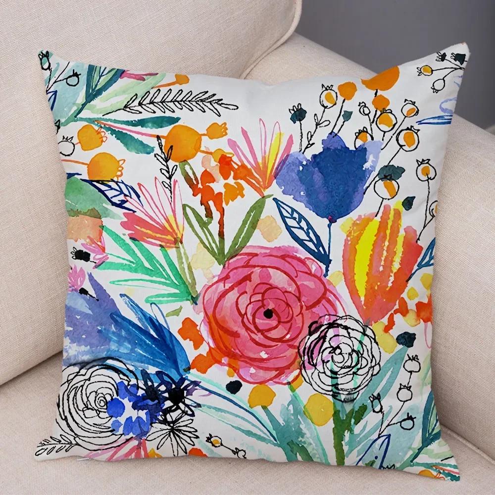 Watercolor Flower Leave Pillow Case Decor Colorful Plant Floal Cushion Cover for Sofa Home Car Soft Plush Pillowcase