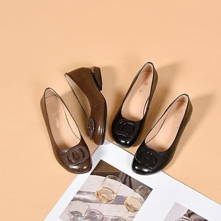 Thick heel shallow mouth single shoes spring and summer new round head low heel soft sole flat beanie shoes