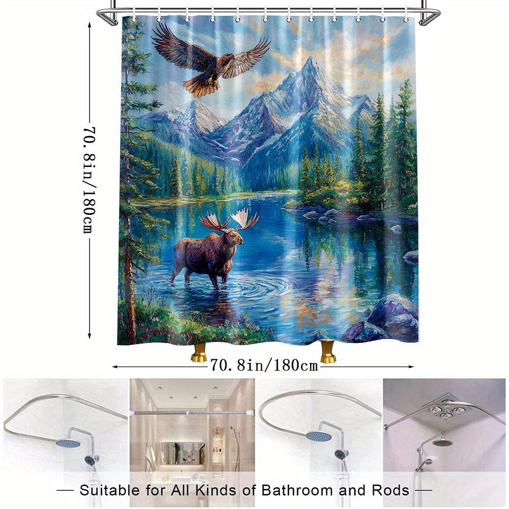 1Pc Mountain Landscape Shower Curtain With Moose & Eagle Design - Vibrant Nature Scene Polyester Fabric, 70.8X70.8 Inch Bathroom
