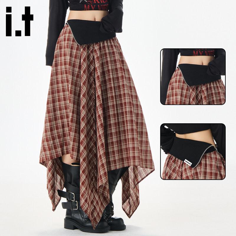 

:CHOCOOLATEit Spliced Plaid Irregular Hem A-Line Midi Skirt S