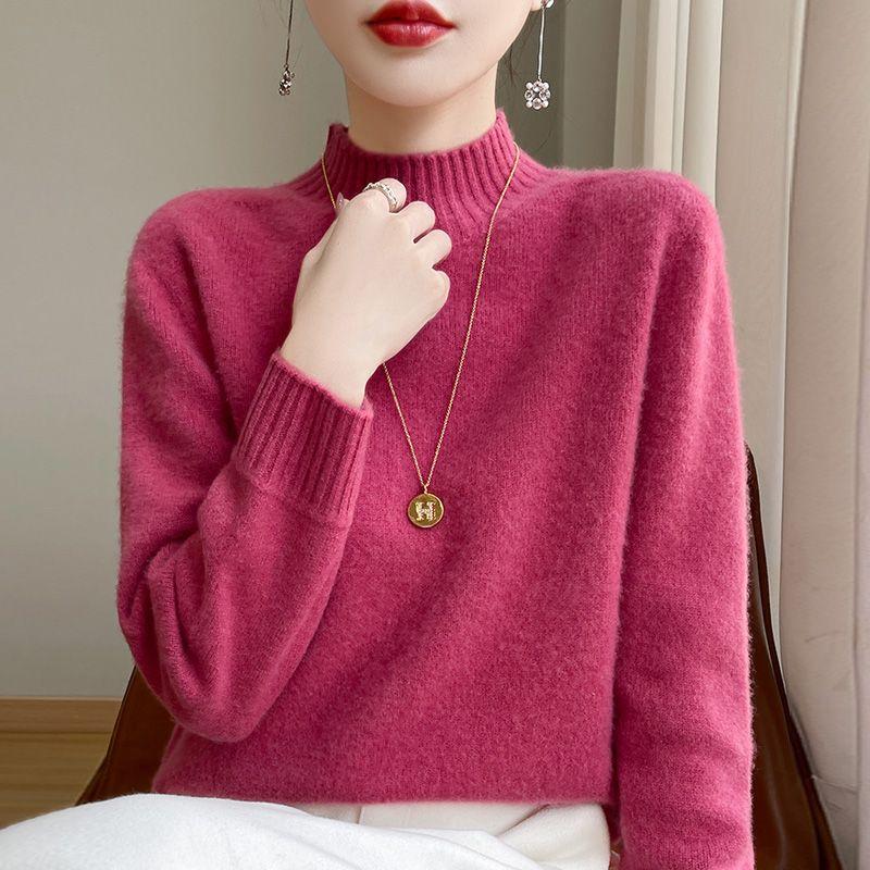 

Half Turtleneck Pure Color Woolen Sweater 2025 Autumn and Winter Clothing New Loose Slimming Inner Thickened Knitting Cashmere Sweater Women Raspberry Red 2XL(65.00 kg-72.50 kg)