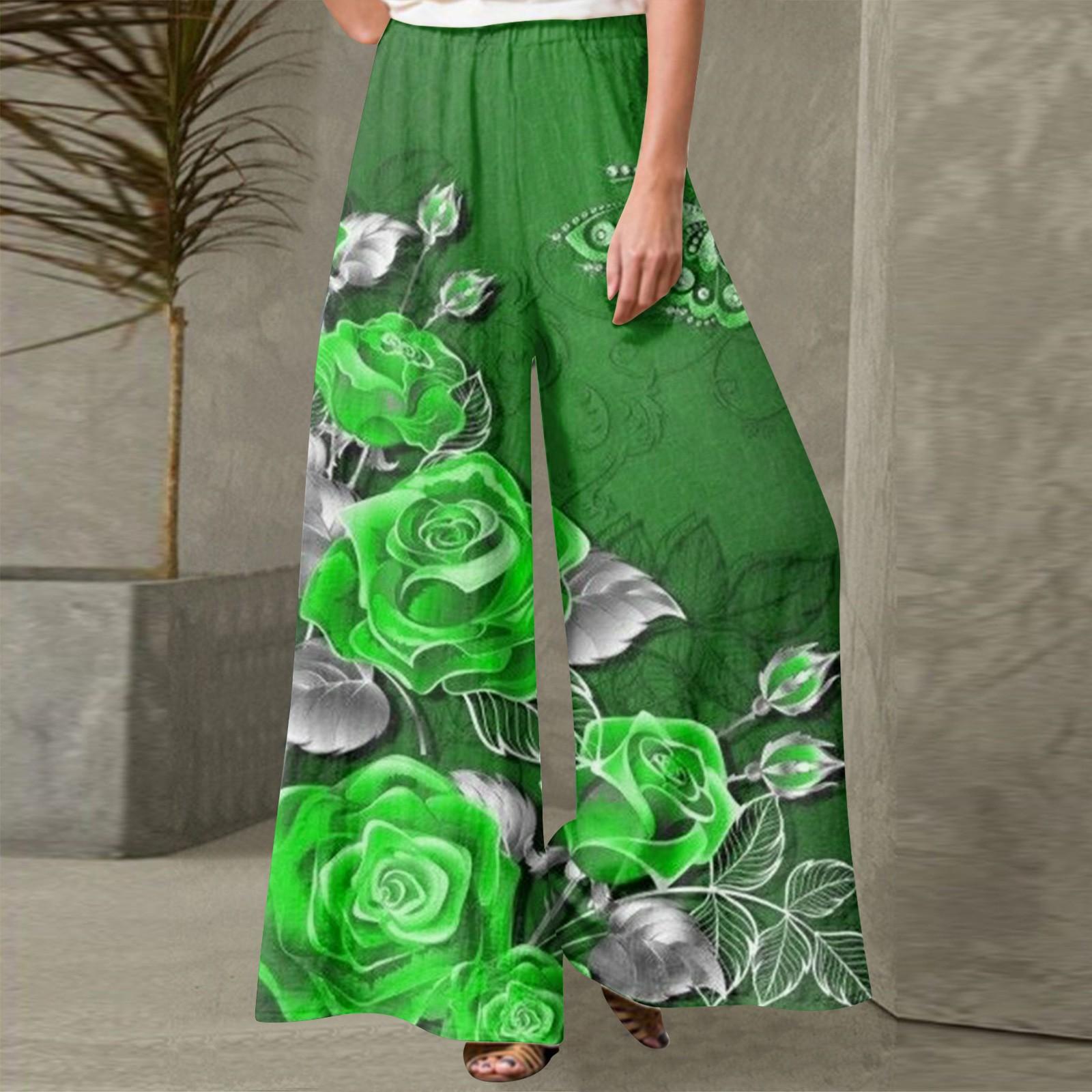 Women s Fashion Floral Print Casual Loose Street Straight Leg Pants M зелёный