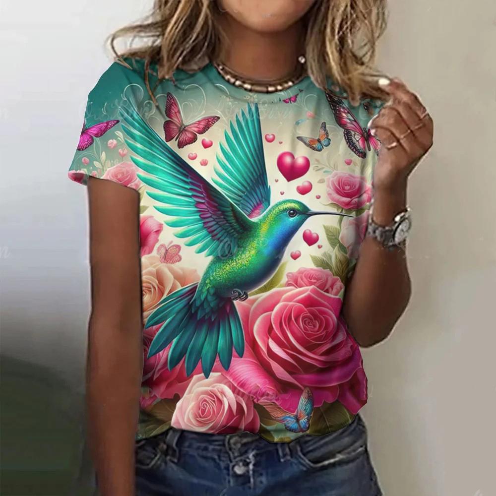 Color Animal Bird 3D Print Women Casual O-Neck Short Sleeve Harajuku Streetwear Y2k Tops