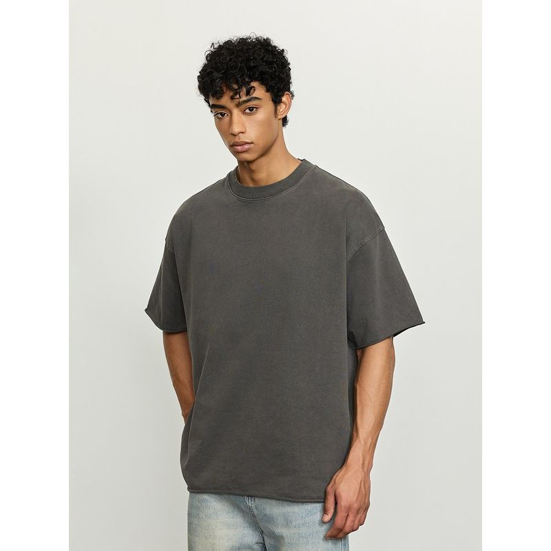 Black of Exit High Street Heavy-Duty Washed Distressed Raw Edge Short-Sleeve Cleanfit Loose Fit T-Shirt Pure Cotton