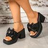 Outer size large size new fashionable solid color versatile thick heel buckle bow fashionable women's high heel cool slippers