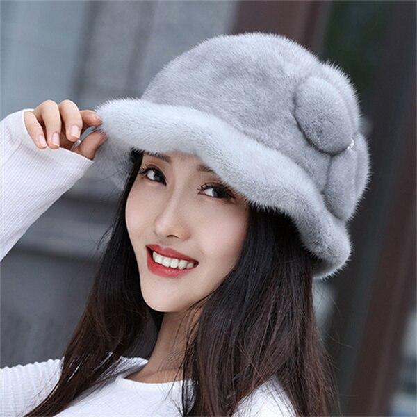 100% Mink Fur Bucket Hat Beanie For Girls Soft Thickened Furry Beret Ladies Hat Elegant Winter Outdoor Windproof Warm Hat