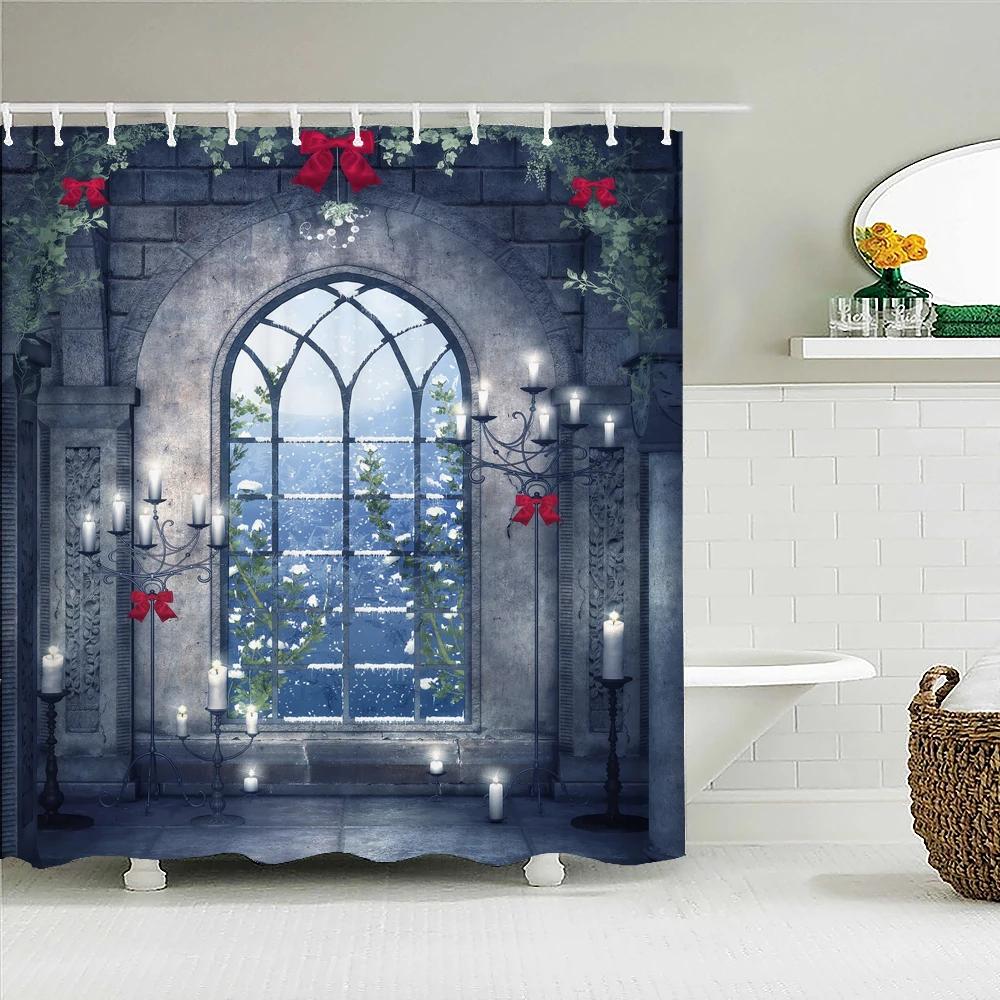 

Door Flower Luxury European Arched Shower Curtain Printed Garden Green Art Plants Stone Wall Street Scenery Bathroom Decor Hooks W90XH180cm