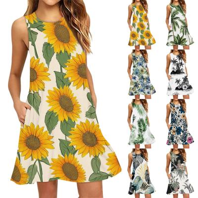 Robe de plage tendance pour femme, sans manches, col rond, imprimé floral