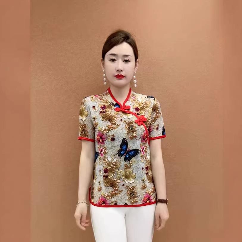 

2026 Summer Elegant Loose Printed Short-Sleeve Top for Middle-Aged and Elderly Mothers 4XL (recommended 138-145 lbs)