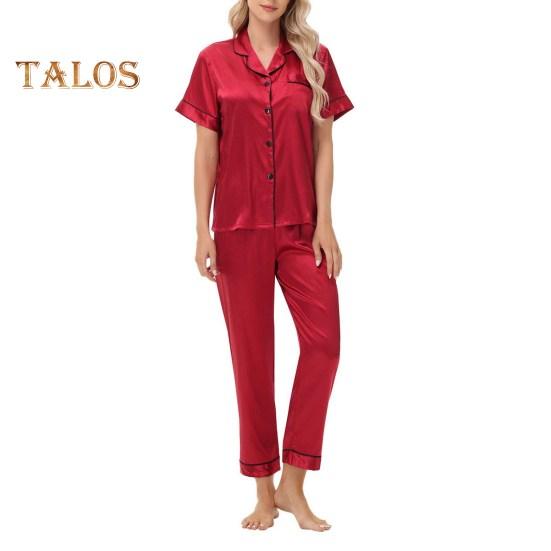 2-teiliges Pyjama-Set aus Satin, einreihig, Eisseide, Übergröße, Strickjacke, V-Ausschnitt, Reverskragen, einfarbiges Hemd, weites Bein, lockere Hose, Nachthemd