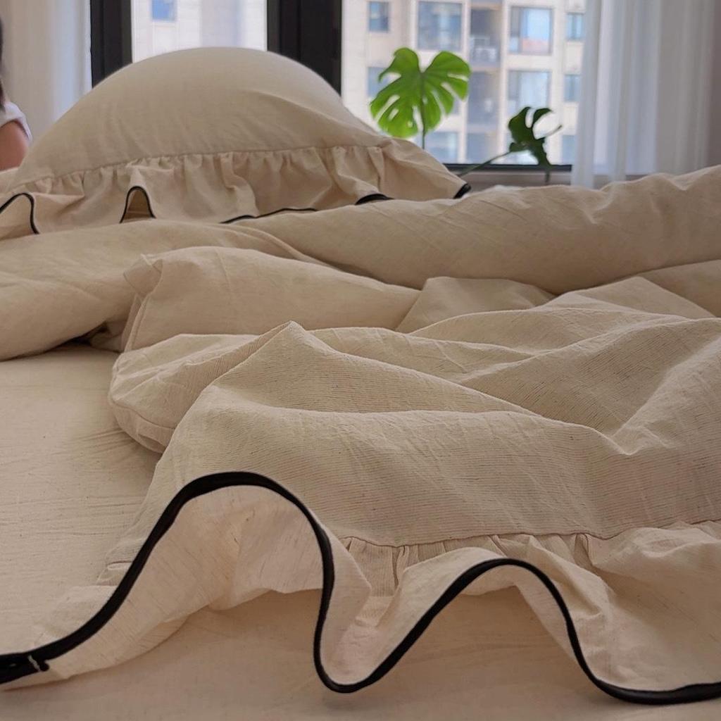French Large Lace Cotton & Linen 4-Piece Set: Soft, Skin-Friendly Solid Color Bedding with Fitted Sheet