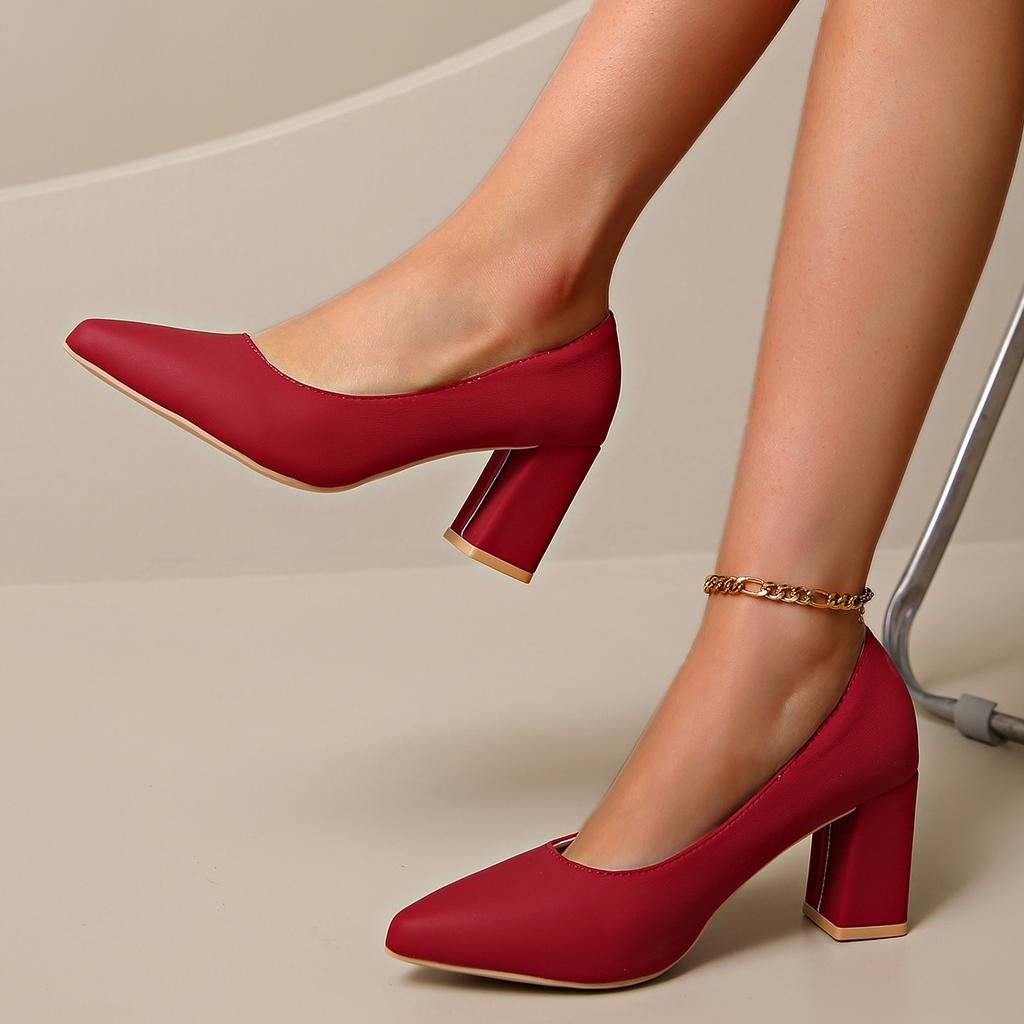 Pointed Toe Chunky Heel Professional Women's Slip-On High Heels Large Size Cross-Border Shoes Comfortable Polyurethane