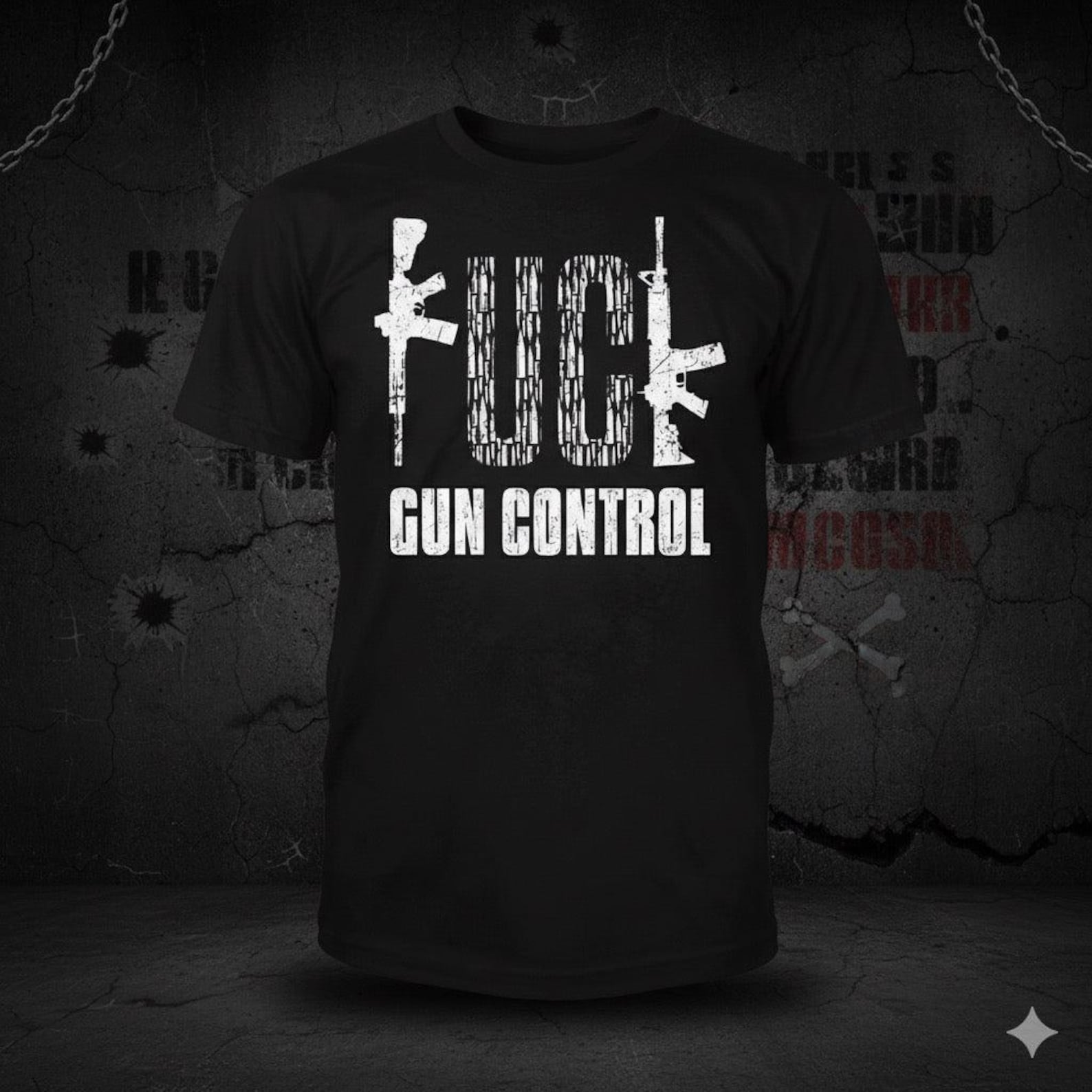 FCK Gun Control - Distressed Rifle and Bullet Text T-Shirt: Pro 2nd Amendment XL